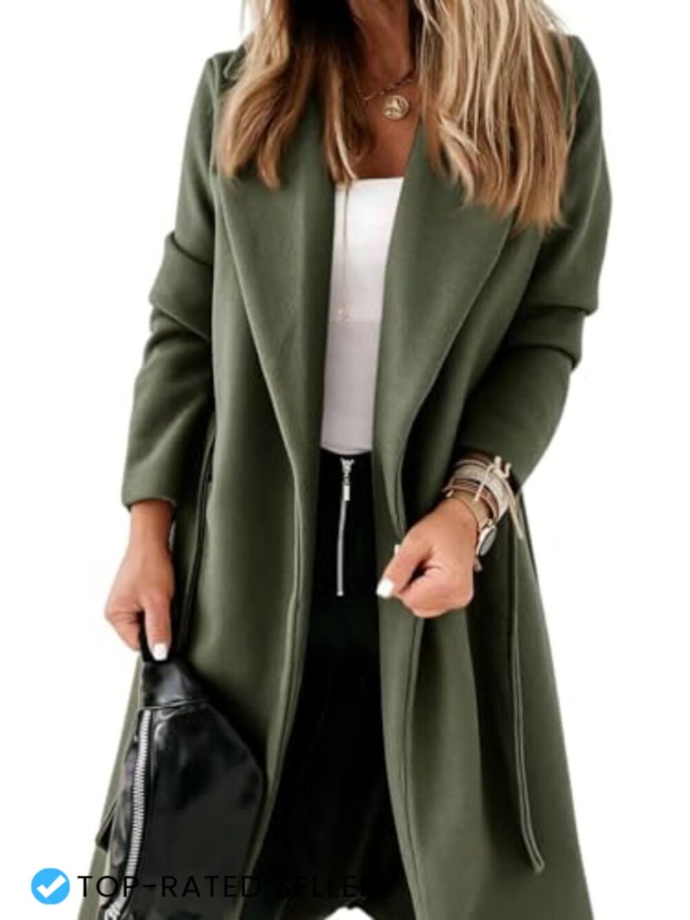 Notched Lapel Open Front Long Belted Jacket